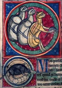 Three cats and a rat, 13th century.